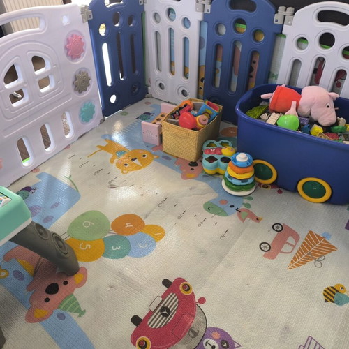 Baby Playpen Large Expandable with Double-Sided Mat, Blue/White
