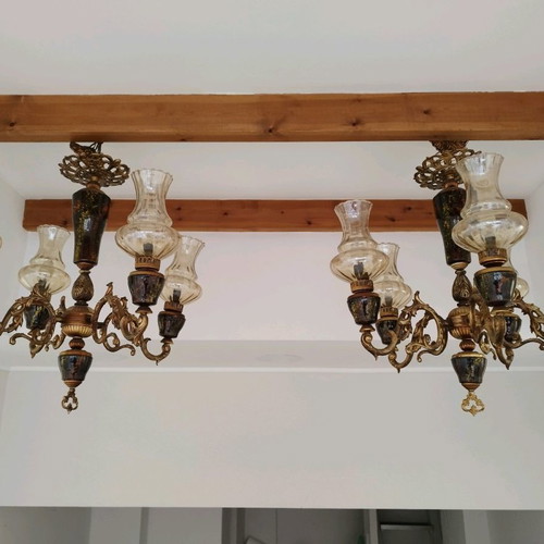 Pair of chandeliers used with ceramic base, five-light and four-light