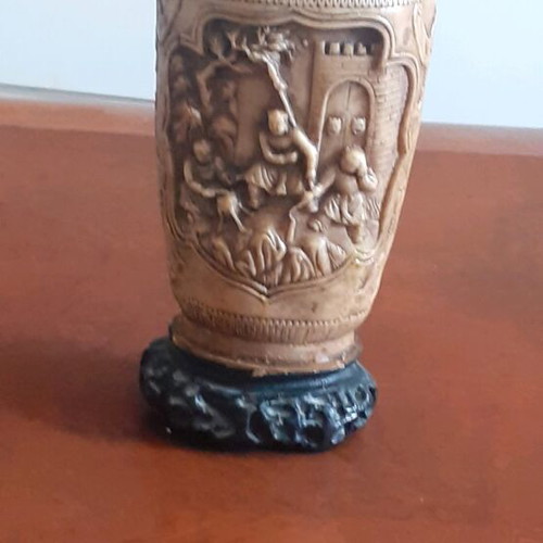 Vintage Oriental Vase with Relief Scenes and Elephant Handles like New