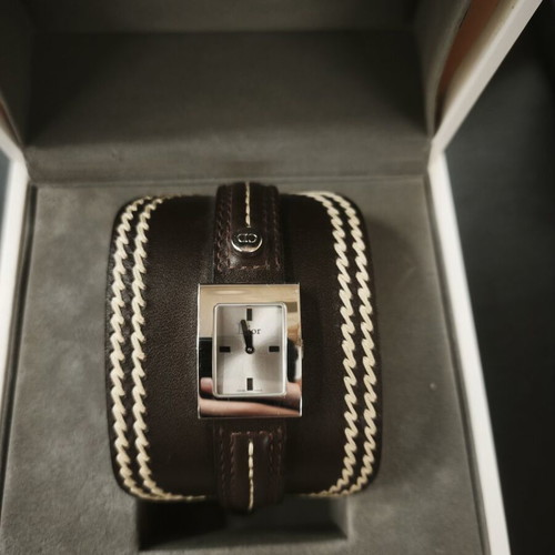 Christian Dior Wide Leather Cuff Watch with Zig-Zag Stitching, NOS