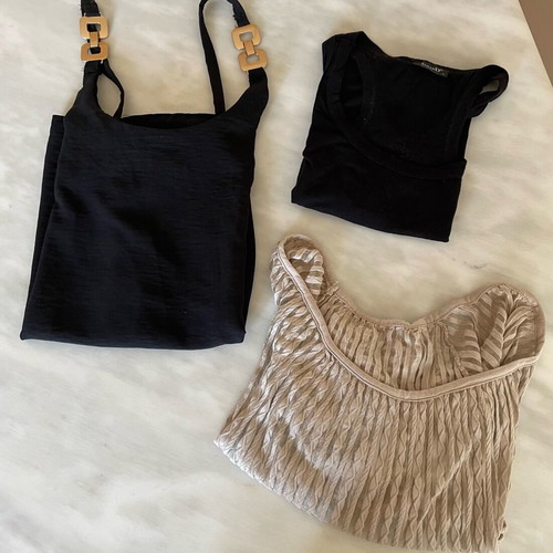 Pack of three shirts like new, two black and one semi-transparent sand color