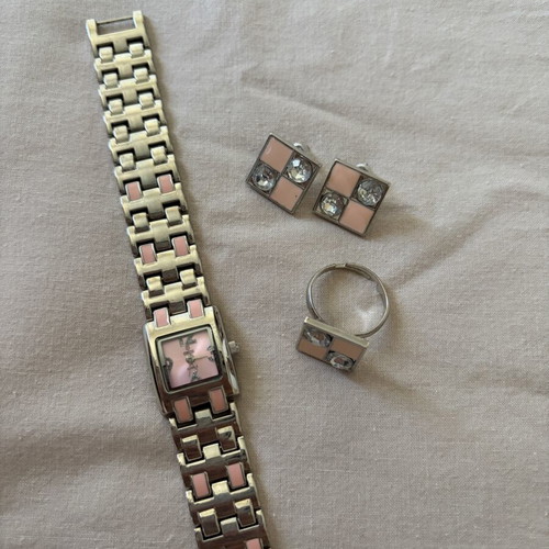 QBOS limited edition quartz watch with earrings and ring with pink accents like new