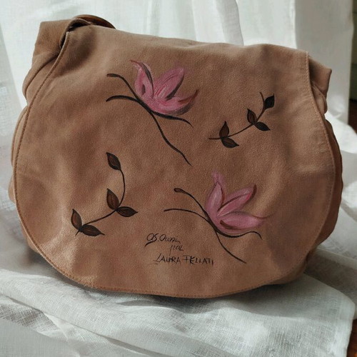 Shoulder bag made of genuine suede like new, hand painted