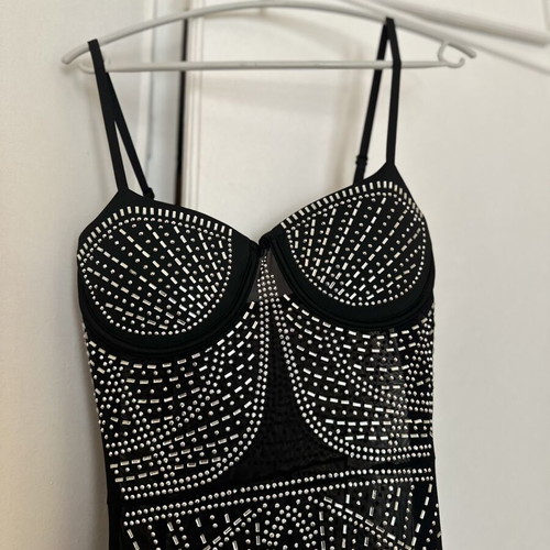 Maxi bodycon dress with straps and geometric strass designs, like new, black