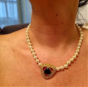 Swarovski Faux Pearl Necklace, Black Crystal Pendant, 1990s Vintage Jewelry