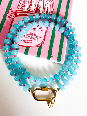 Necklace with cyan and pink chalcedony beads and clip
