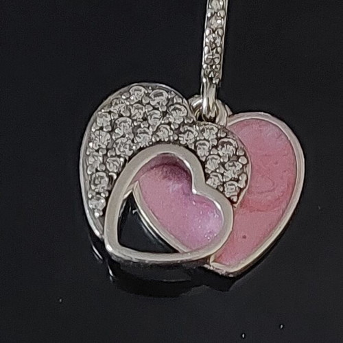 Pandora charm with two hearts, new, pink and silver