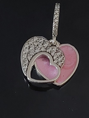 Pandora charm with two hearts, new, pink and silver