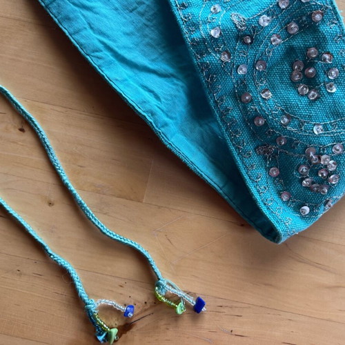 Blue fabric belt with rhinestones used, adjustable