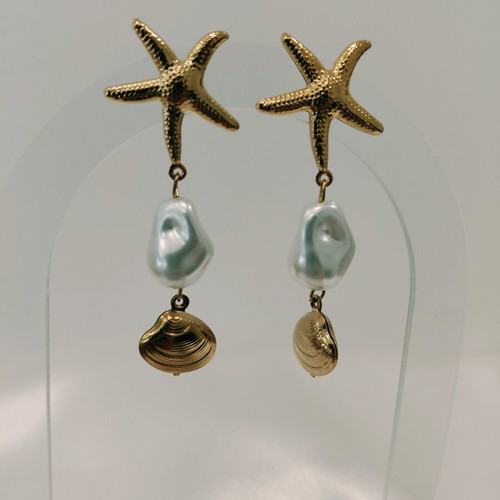 Stainless Steel Earrings with Pearl and Starfish Shell Elements new