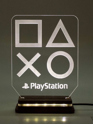 Φωτιστικό LED Playstation Logo χειροποίητο με ξύλινη βάση και Plexiglass