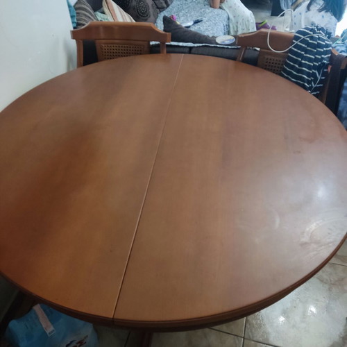 Walnut dining table with chairs used, round extendable, classic design
