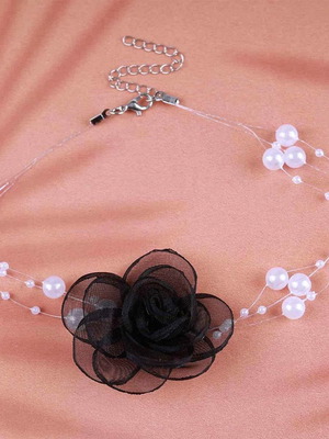 Choker with black rose and white pearls new