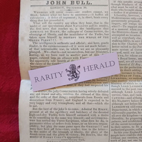 John Bull English Newspaper 1827 like new with Battle of Navarino