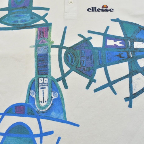 Ellesse vintage art print polo shirt 90s white blue, used, size L