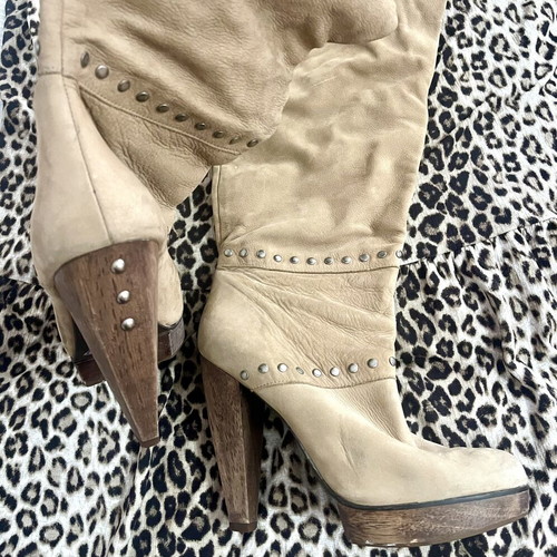 Leather knee-high boots with studs, beige, size 39
