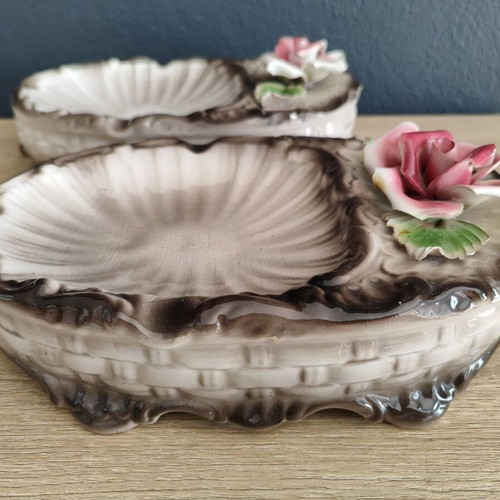 Vintage Capodimonte porcelain decorative ashtrays with roses, used