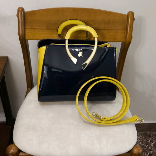 Jacques Esterel bag new, dark blue with yellow patent leather