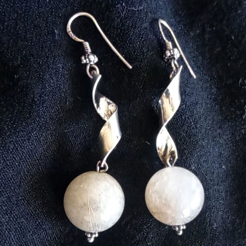 925 Sterling Silver Moonstone Spiral Earrings like new, beige