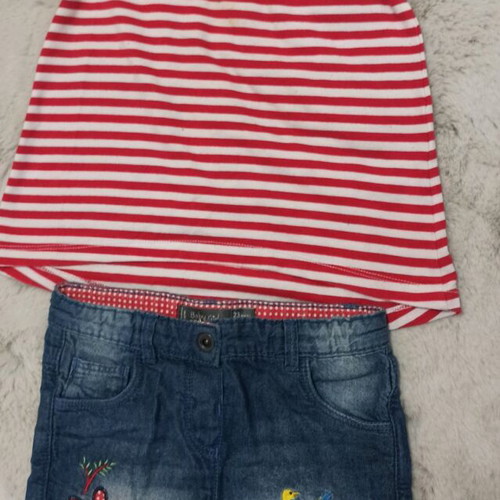 Denim shorts, salopette and t-shirt set like new, 3 pieces