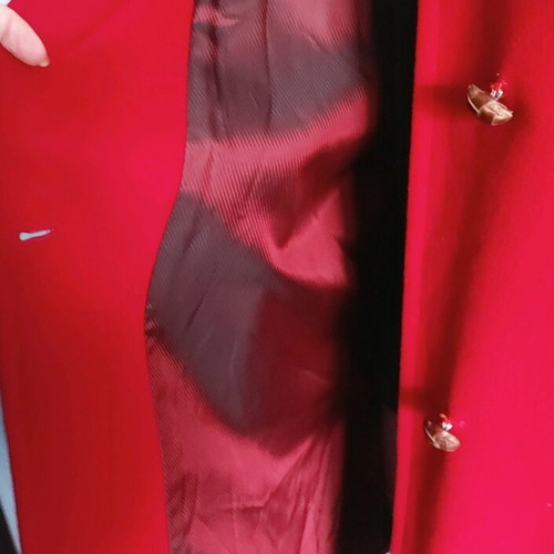 Wool coat Rue de Grenelle with hood and natural fur like new, red XL-XXL