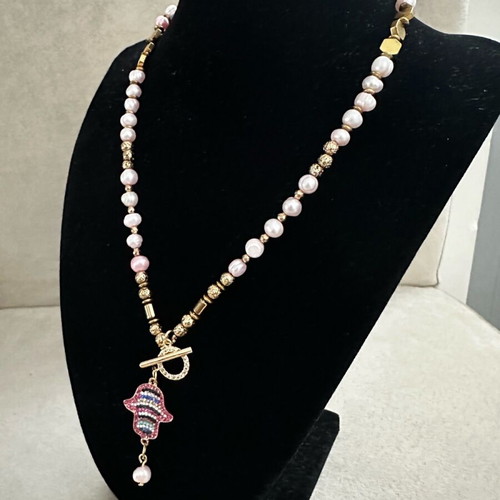 Handmade necklace with pink pearls and gold hematite new