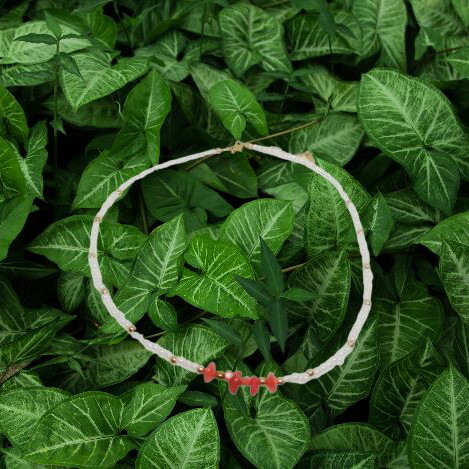 Necklace new with white beads, steel beads and red coral