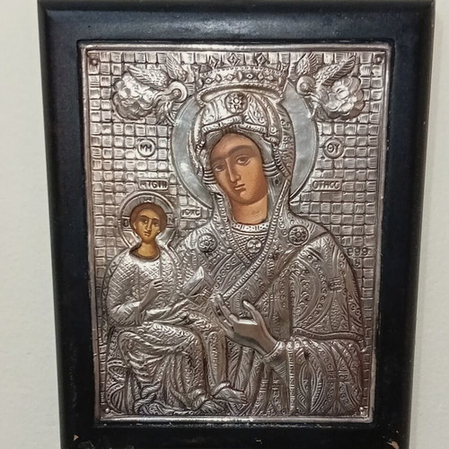 Byzantine icon with 999 silver plating, handmade in Greece, like new