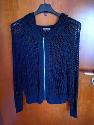 Knitted perforated cardigan with zipper and hood like new, black
