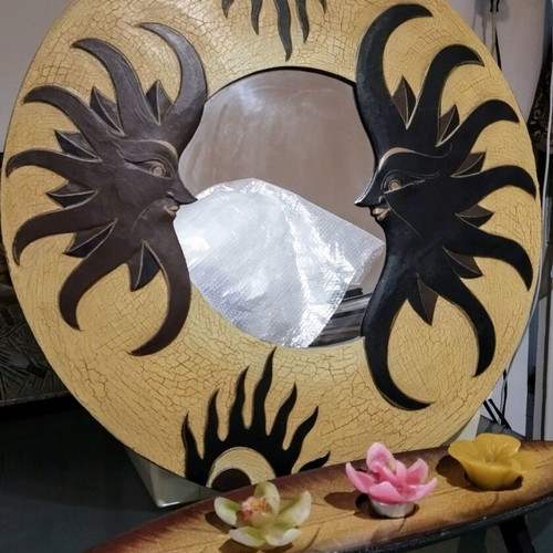 Sun mirror with candle holder used, wooden construction