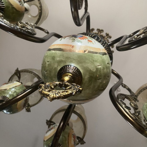 Vintage 6-Light Brass Chandelier with Handmade Porcelain, Like New