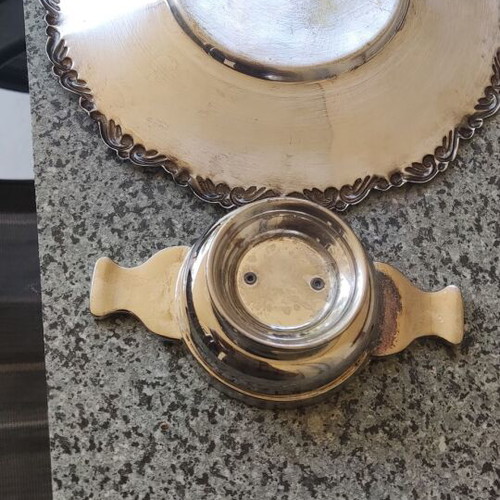 Silver-plated utensils used, bowl and plate with handmade carving