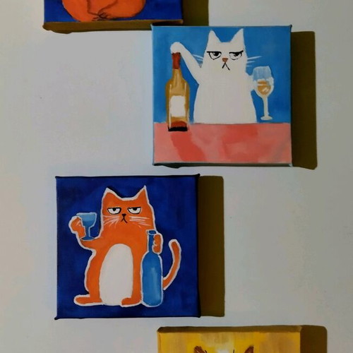 Set of 4 cat motif paintings on canvas, new