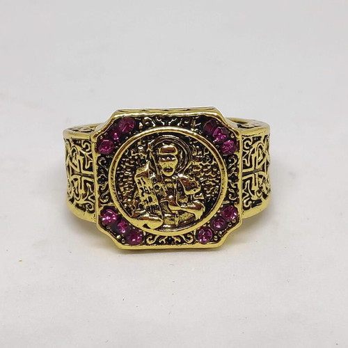 Byzantine men's ring with embossed saint and purple stones like new
