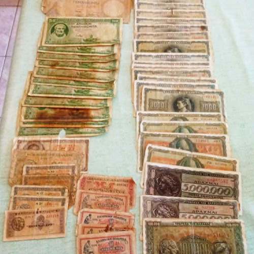 Lot of 50 authentic Greek banknotes used, 1935-1944 interwar and occupation period