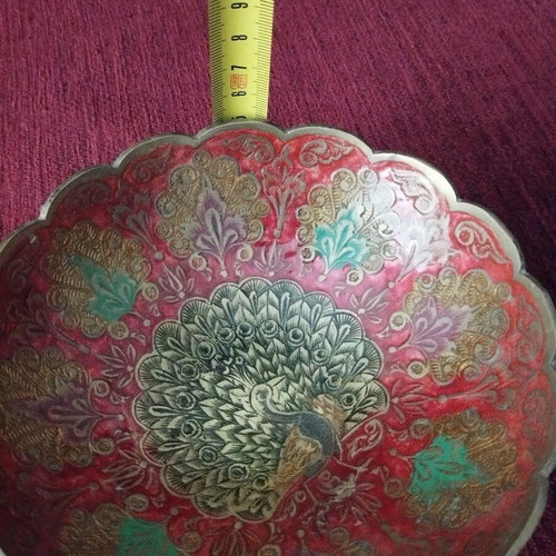 Indian brass bowl used with colorful enamel peacock design