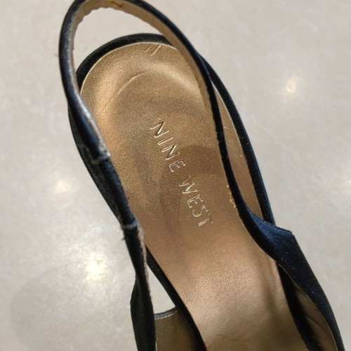 Nine West black fabric sandals with decorative buckle, 12cm heel