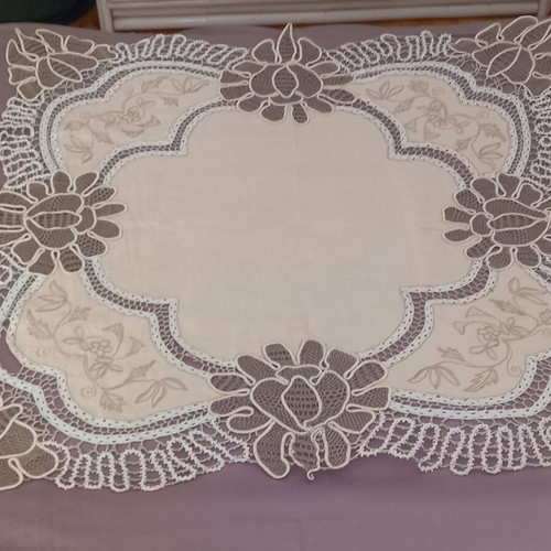 Vintage lace cutwork embroidery table linen used, cotton threads