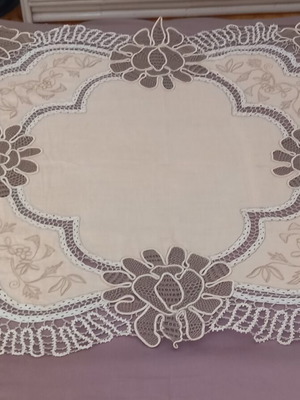 Vintage lace cutwork embroidery table linen used, cotton threads