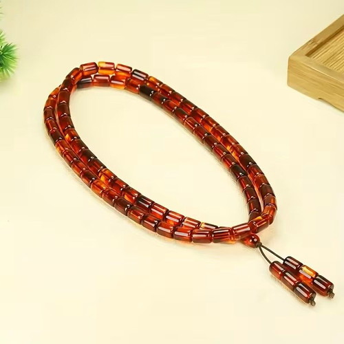 Mala necklace and bracelet unisex, natural amber and bloodstone, 80 cm