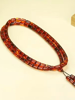 Mala necklace and bracelet unisex, natural amber and bloodstone, 80 cm