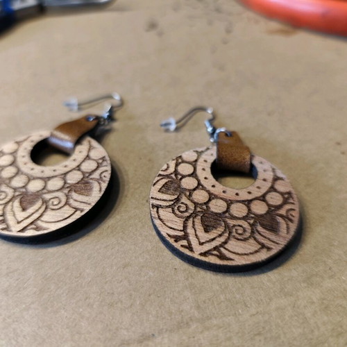 Wooden Mandala earrings with leather detail new