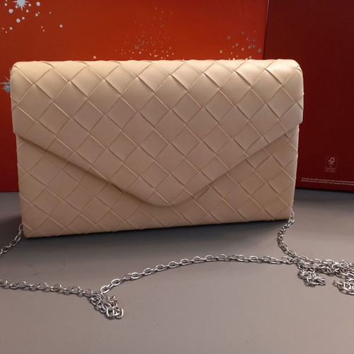 Woven clutch bag new, beige nude with chain