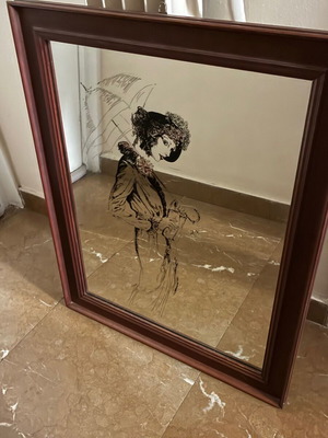 Wooden mirror with vintage painting used, 52x65 cm, lady with umbrella