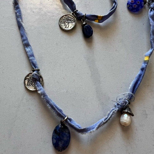 Necklace from denim fabric and beads new