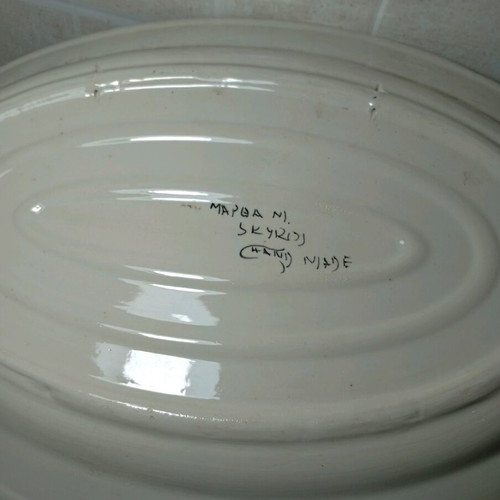 Oval Greek handmade ceramic platter with peacock design like new