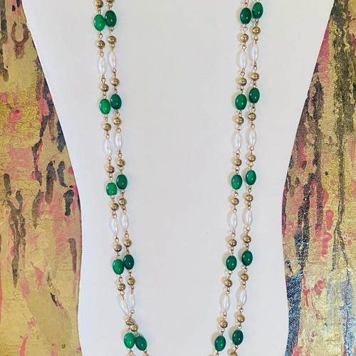 Long double-layered necklace used with green agate and shell pearls