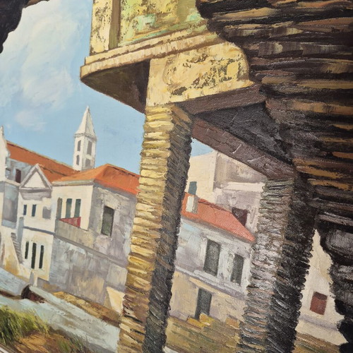 Oil painting "Tinos" by P. Menkos with golden frame