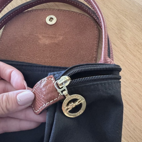 Longchamp Le Pliage handbag used, black with brown leather details