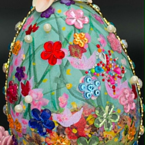 Handmade decorative plastic egg with floral design and beads, new